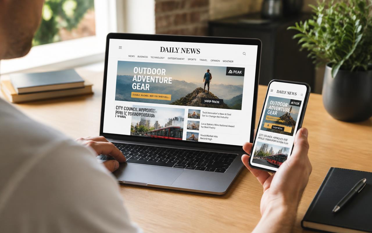 Person som ser bannerannonser på en nyhetssajt i laptop och mobil