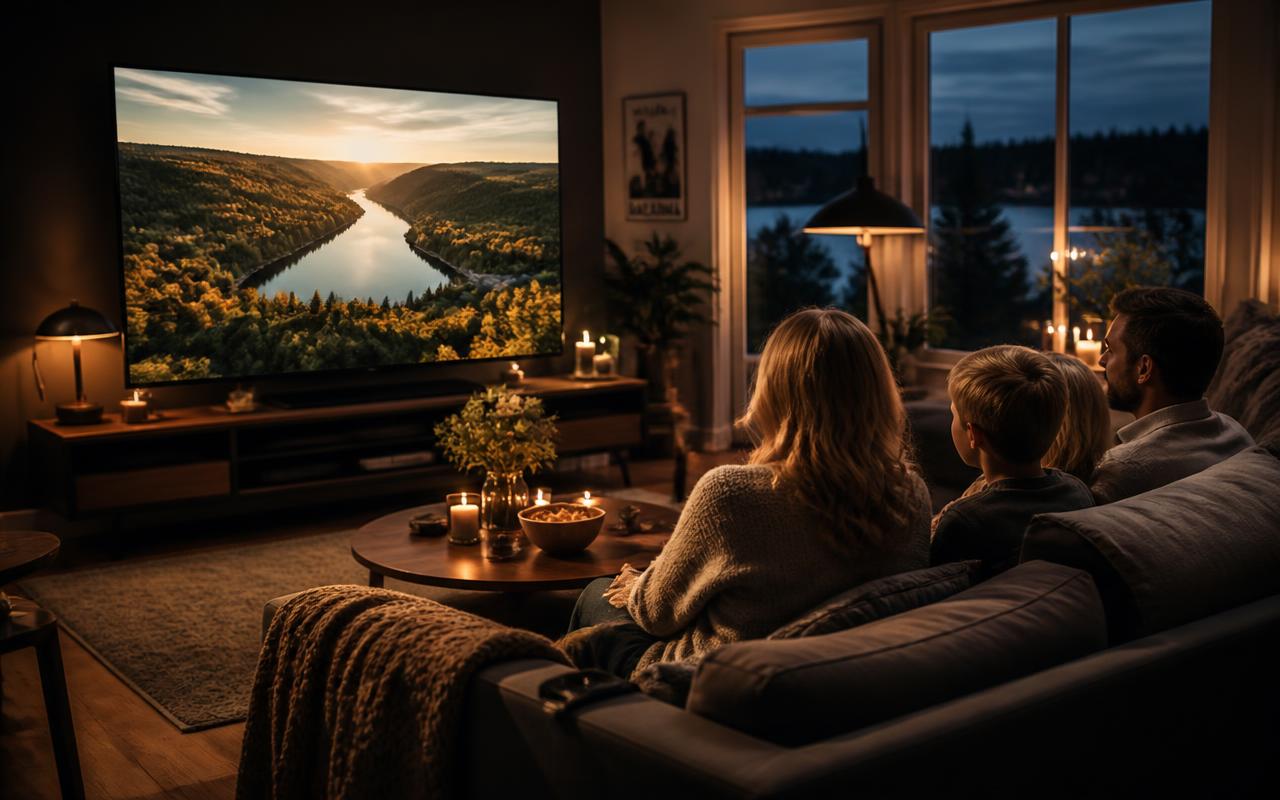 Familj som tittar på TV i ett vardagsrum i skymningen