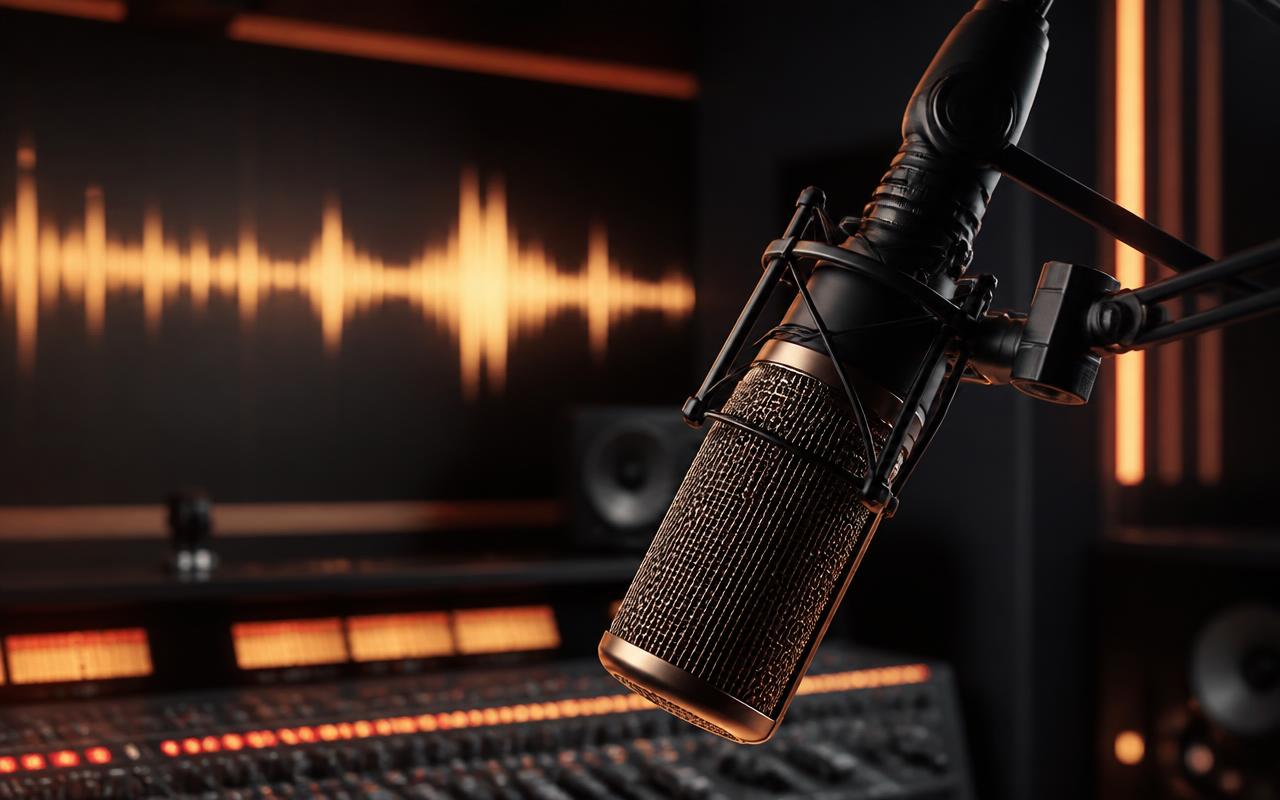 Studiomikrofon i en radiostudio med ljudvågor i bakgrunden